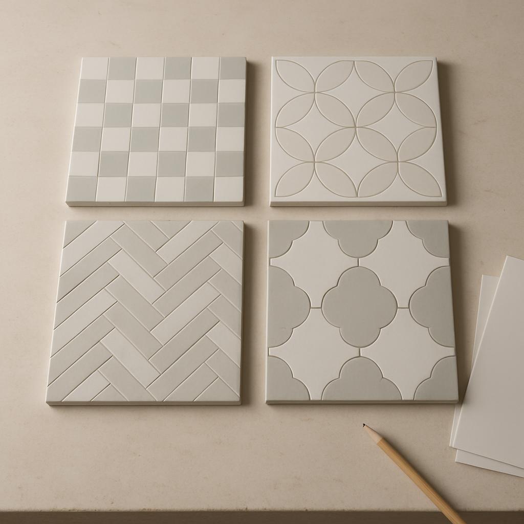 Four different designs of gray ceramic tiles on a white rectangular background. The designs in the image include a checker...
